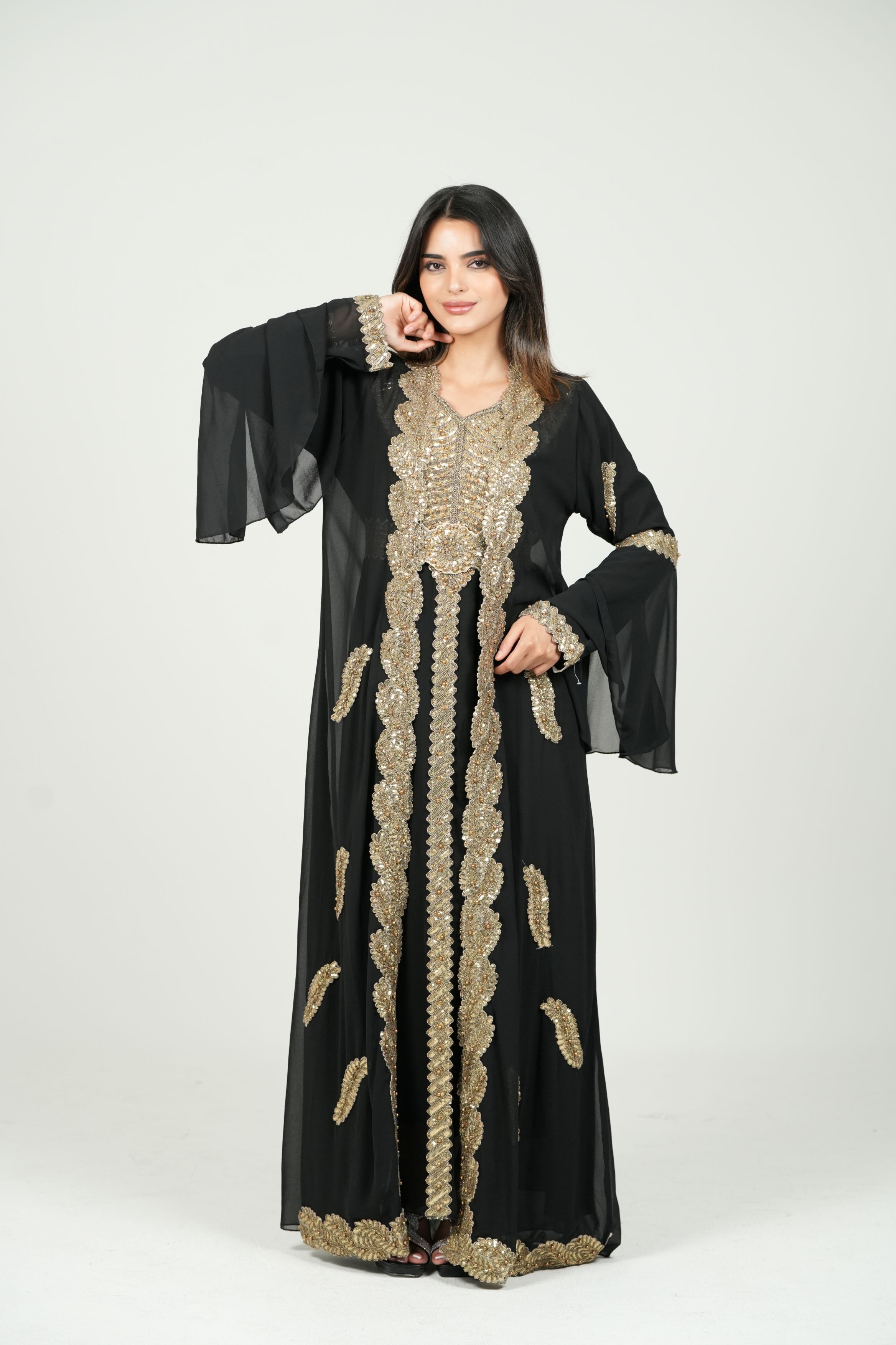 Embroidered White Caftan with Regal Details with belt