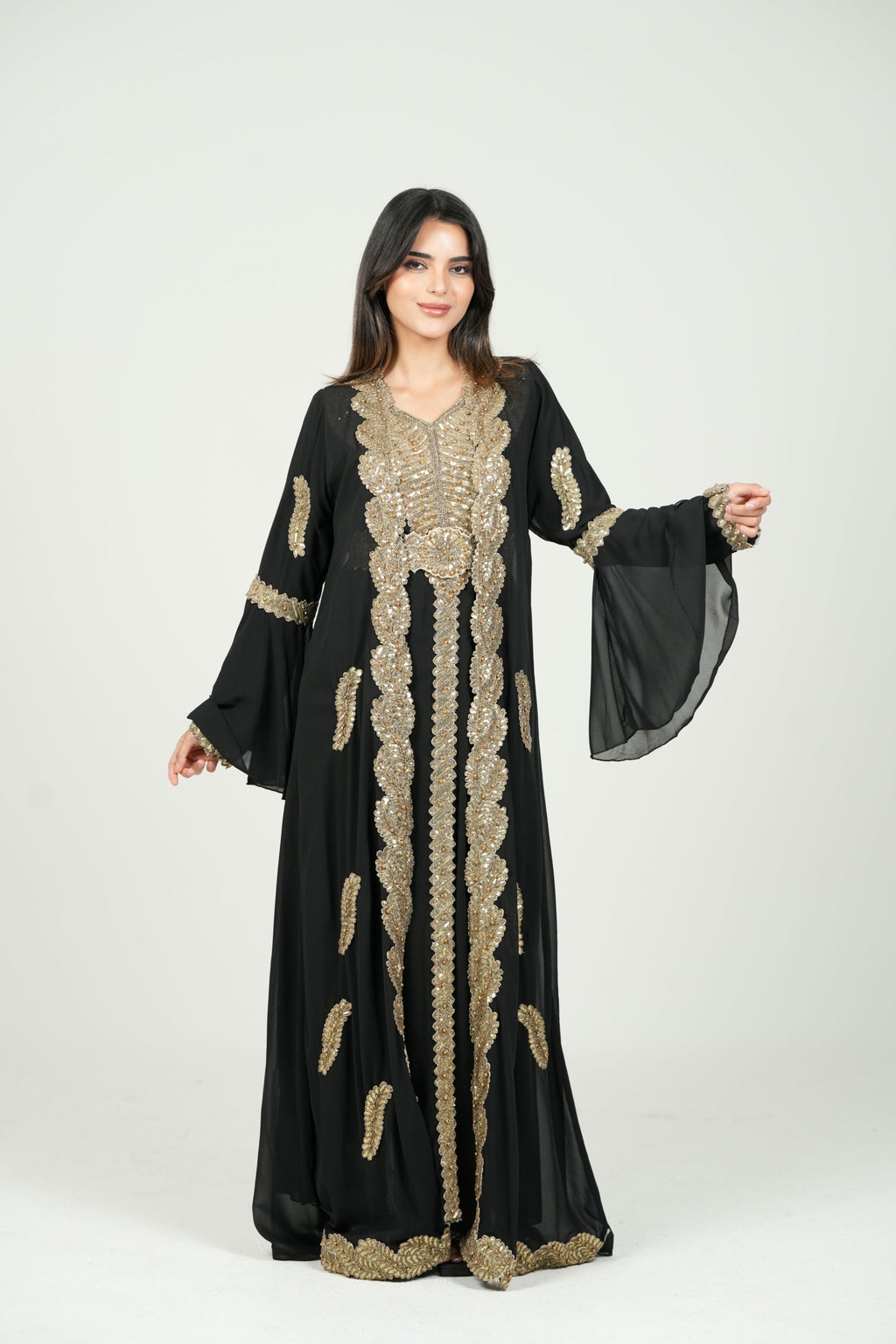 Embroidered White Caftan with Regal Details with belt
