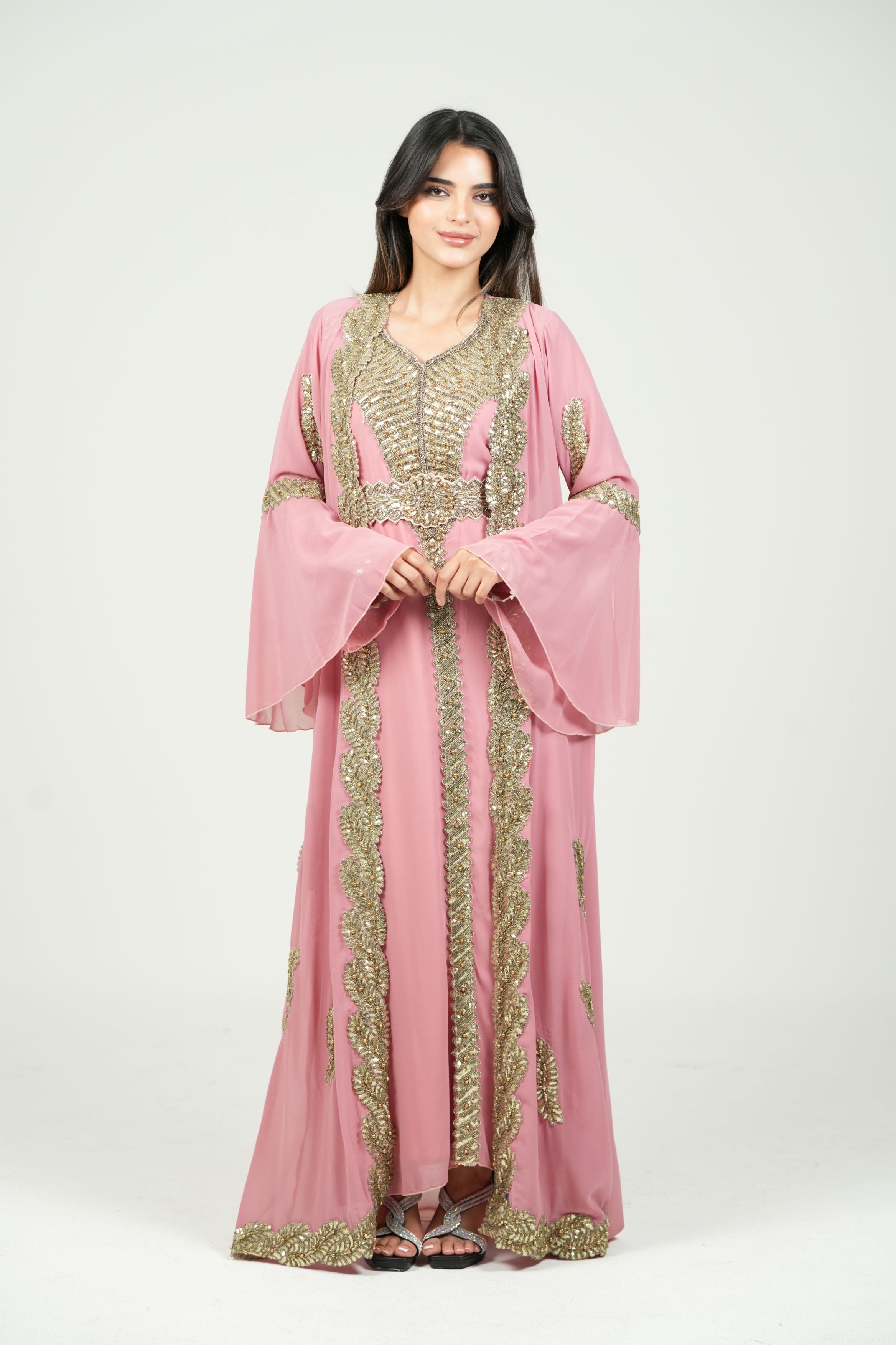 Embroidered White Caftan with Regal Details with belt