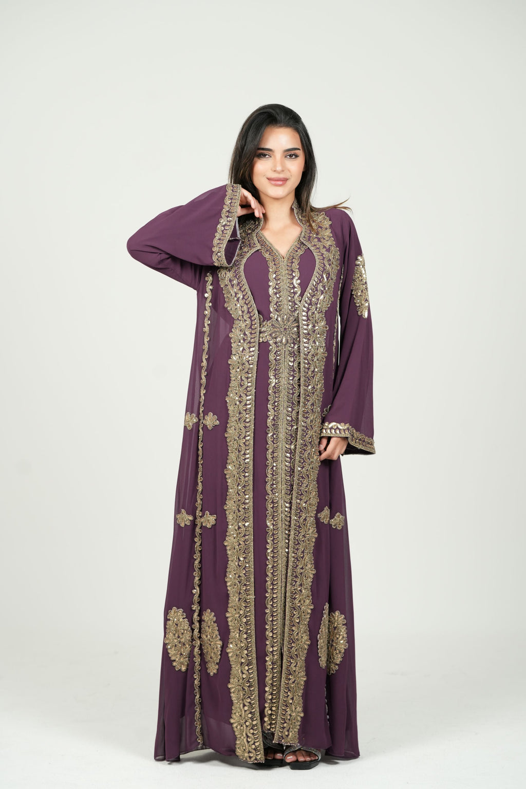 Embroidered Chiffon Kaftan – Belted