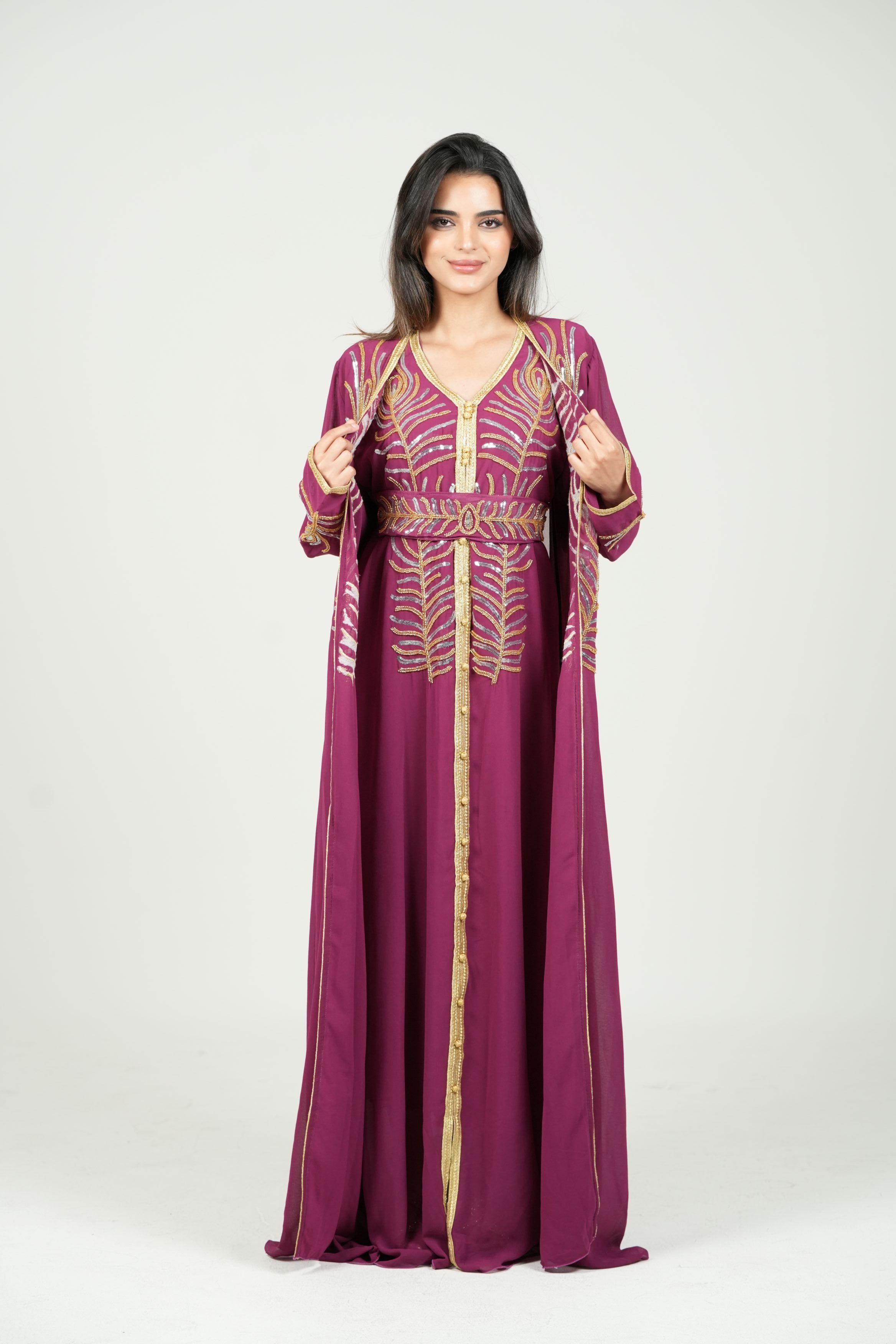 Elegant Kaftan with Golden Embroidery with Belt