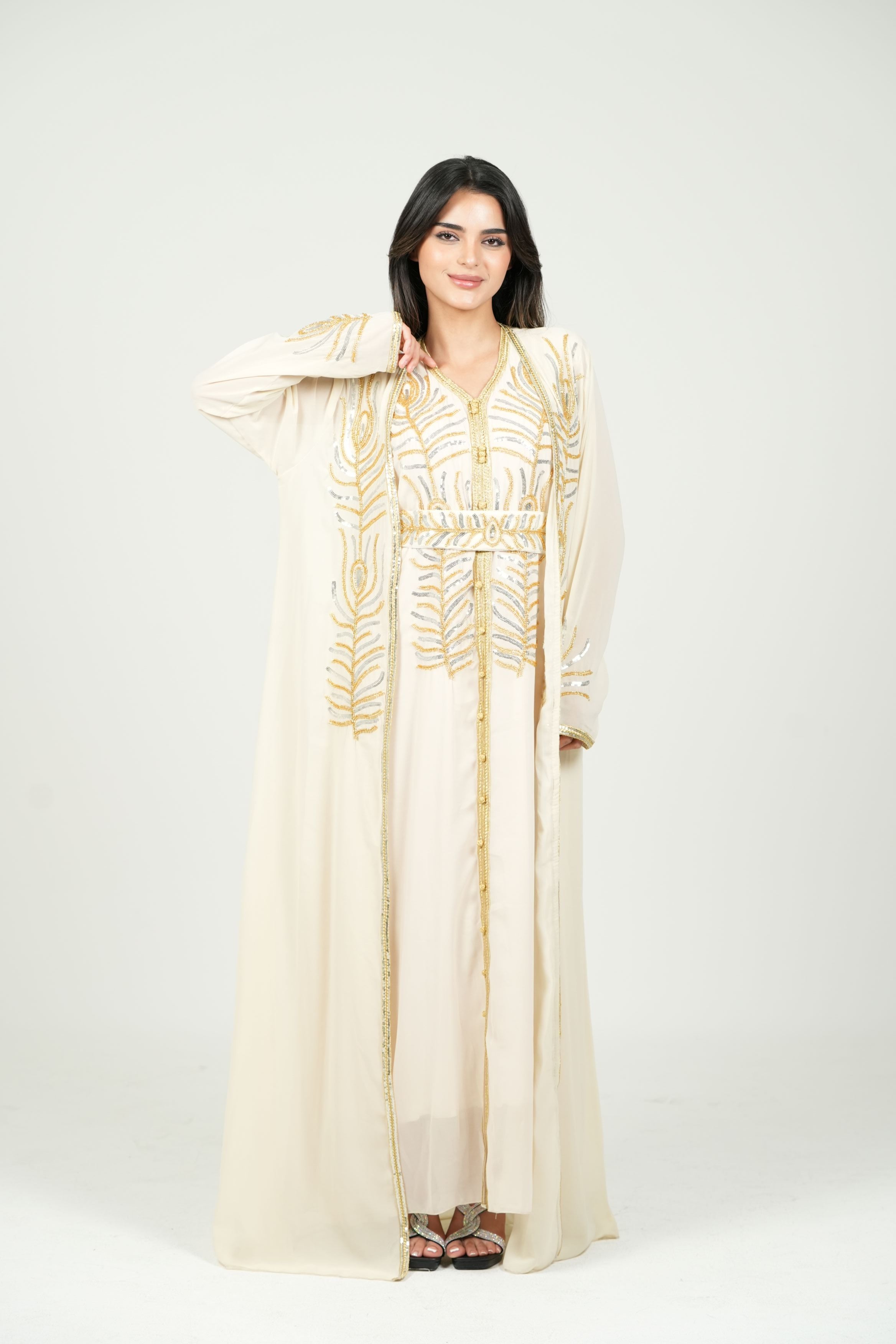 Elegant Kaftan with Golden Embroidery with Belt