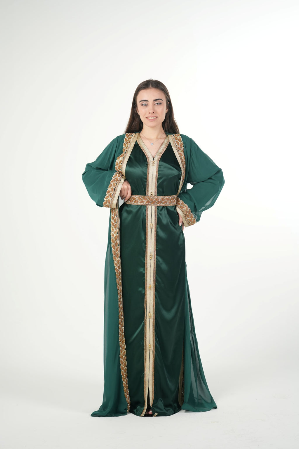 Elegant Chiffon Kaftan with Satin Inner Dress and Belt