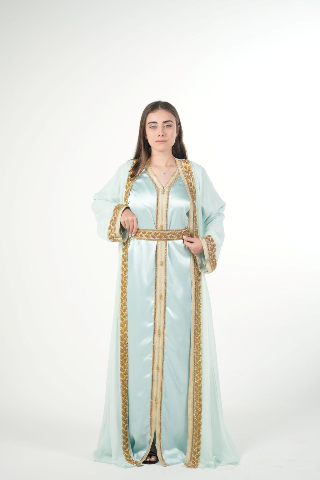 Elegant Chiffon Kaftan with Satin Inner Dress and Belt