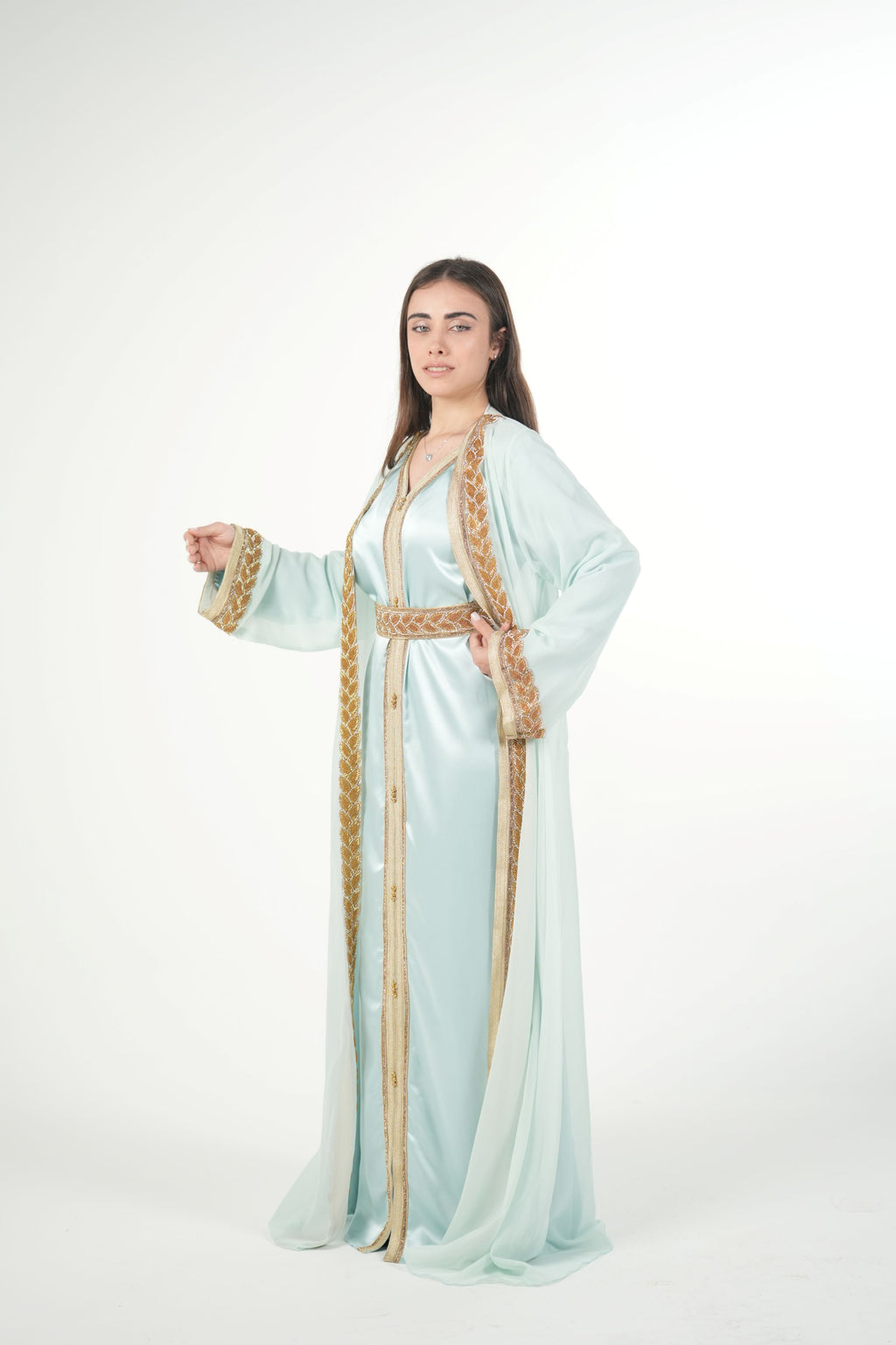 Elegant Chiffon Kaftan with Satin Inner Dress and Belt