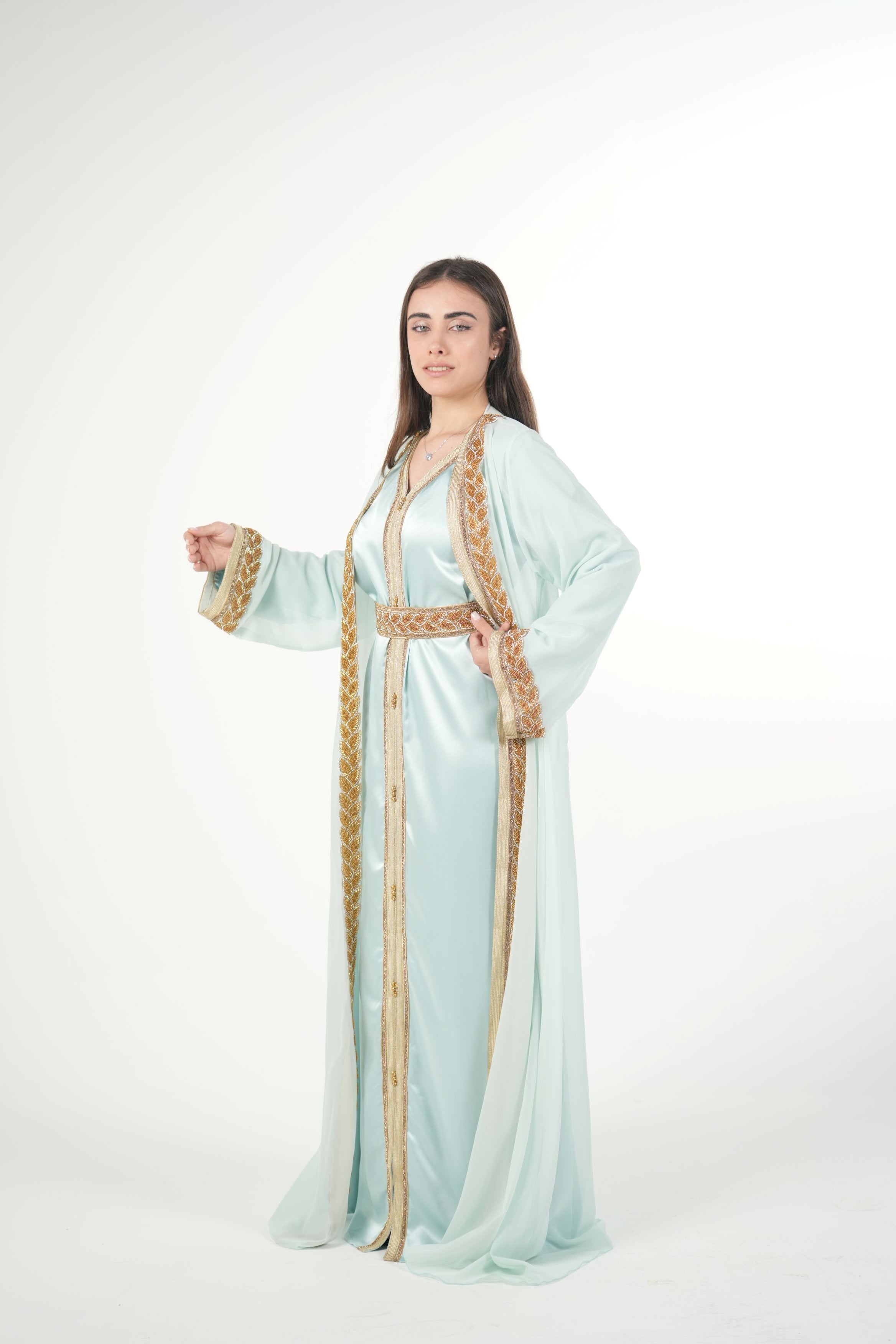 Elegant Chiffon Kaftan with Satin Inner Dress and Belt