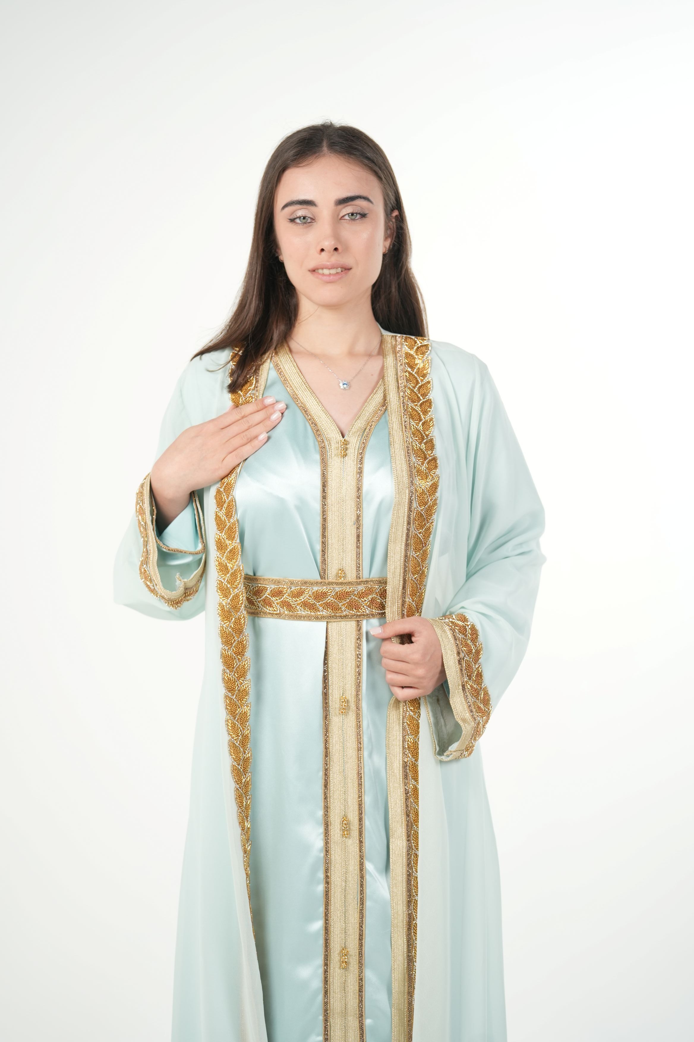 Elegant Chiffon Kaftan with Satin Inner Dress and Belt