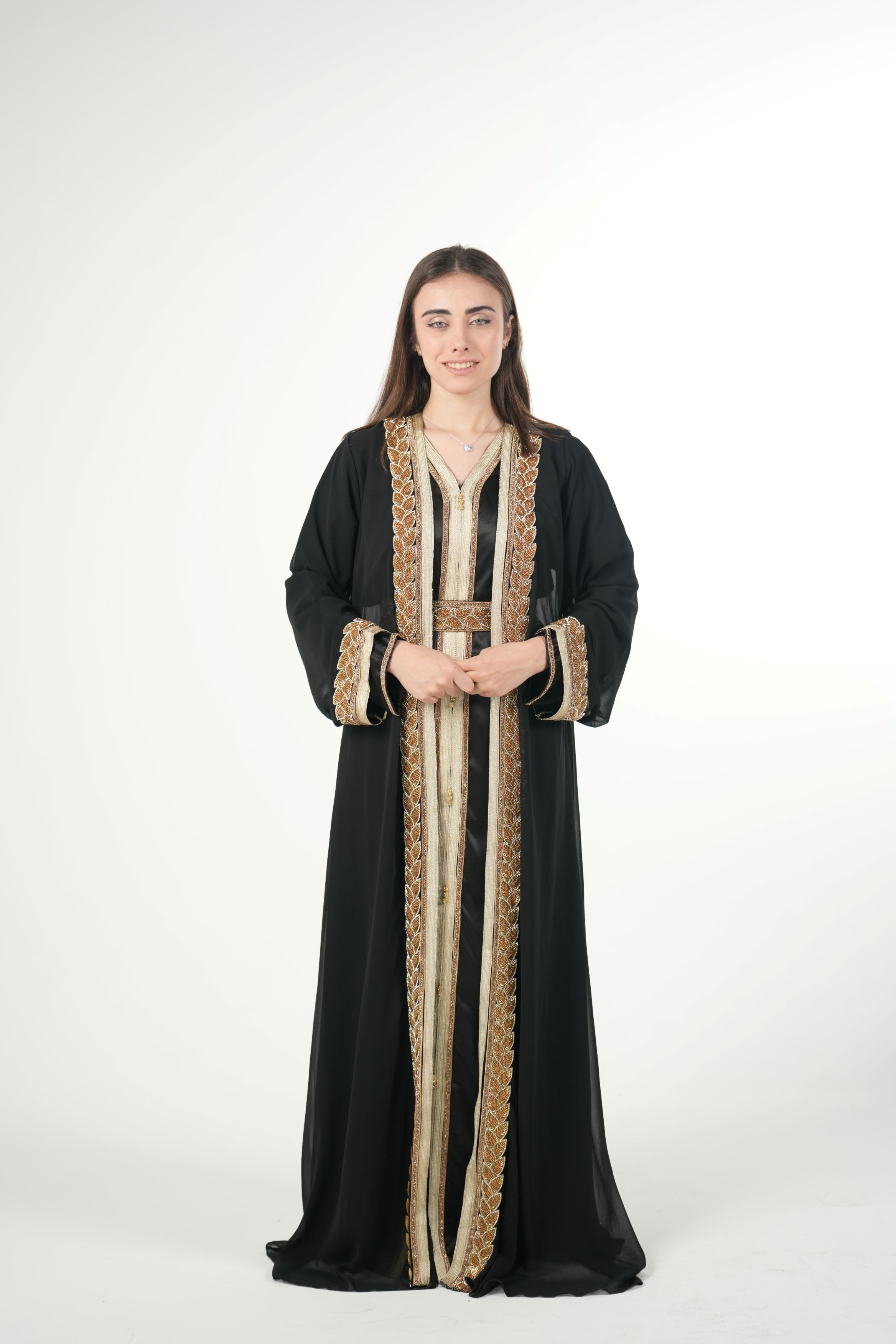 Elegant Chiffon Kaftan with Satin Inner Dress and Belt