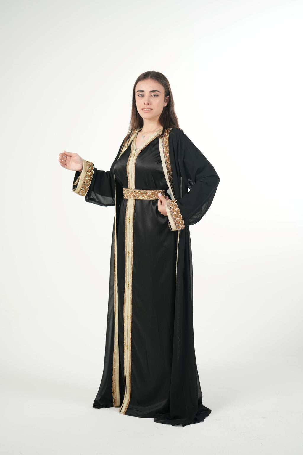 Elegant Chiffon Kaftan with Satin Inner Dress and Belt