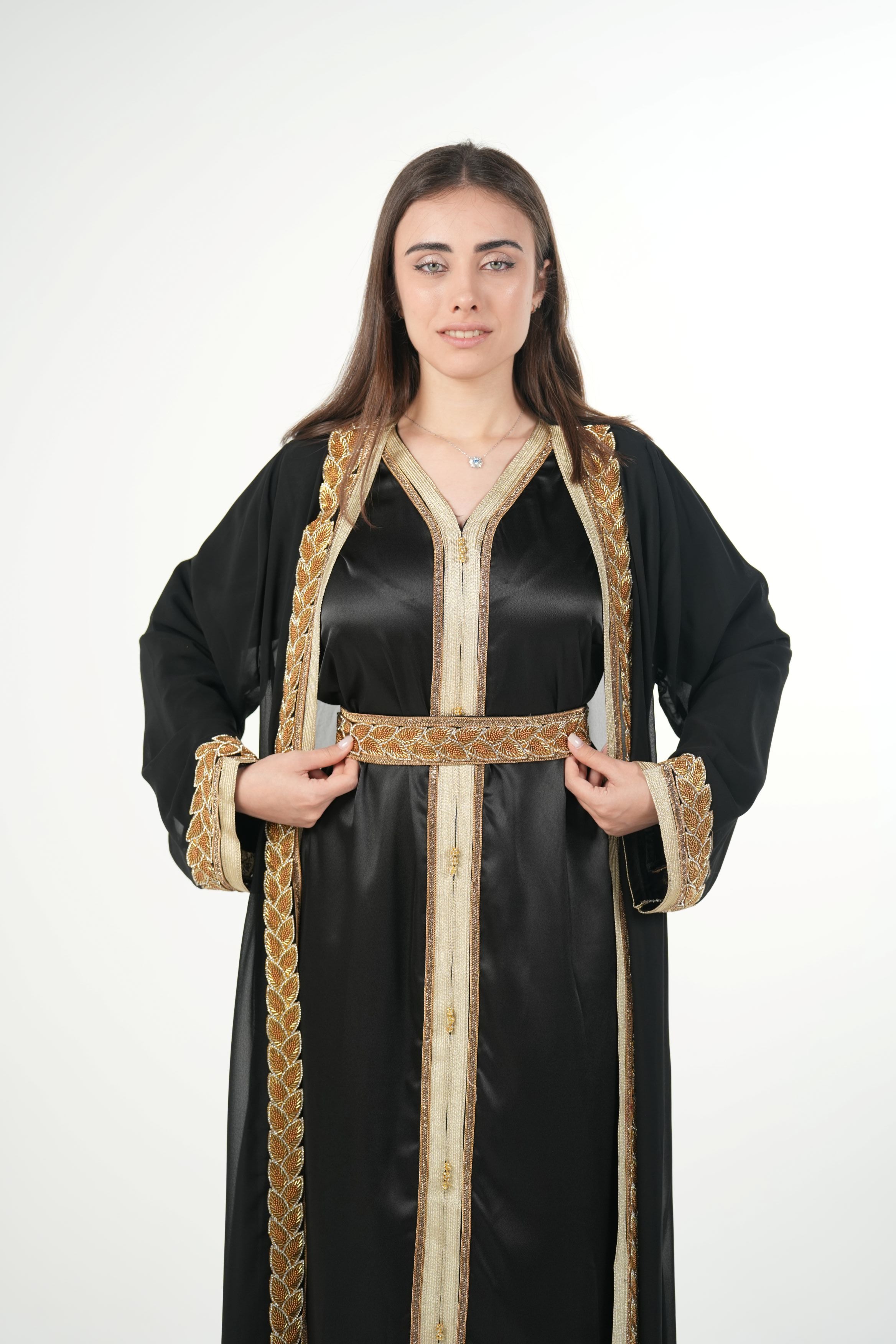Elegant Chiffon Kaftan with Satin Inner Dress and Belt