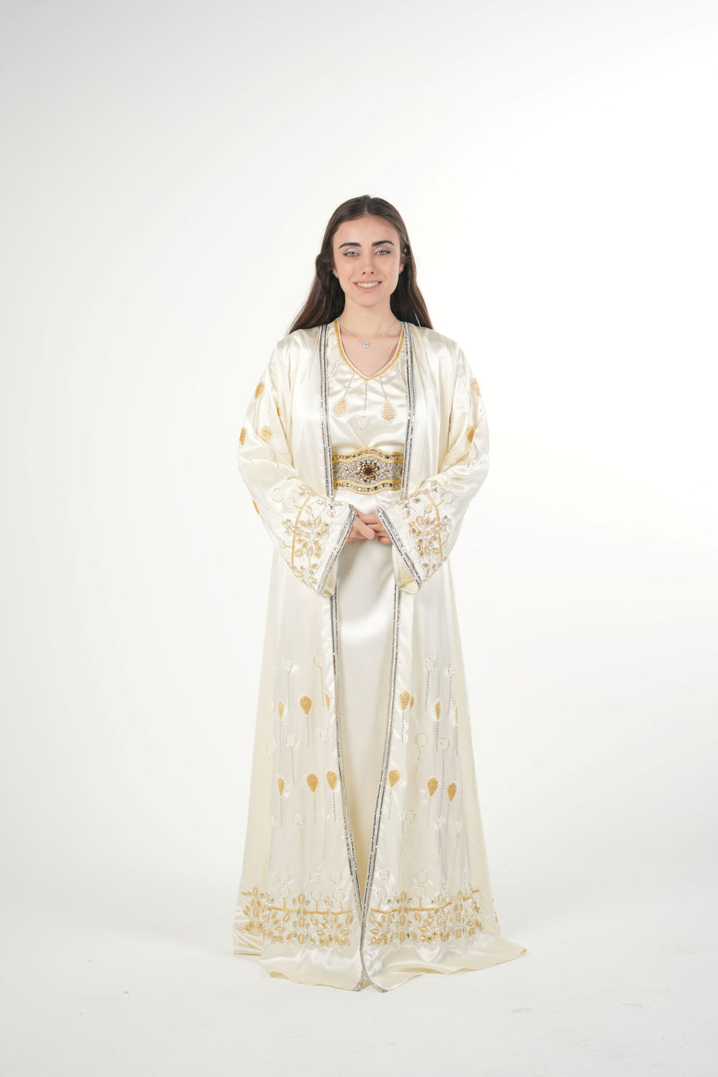 Luxury Satin Kaftan with Handwork Details and Belt