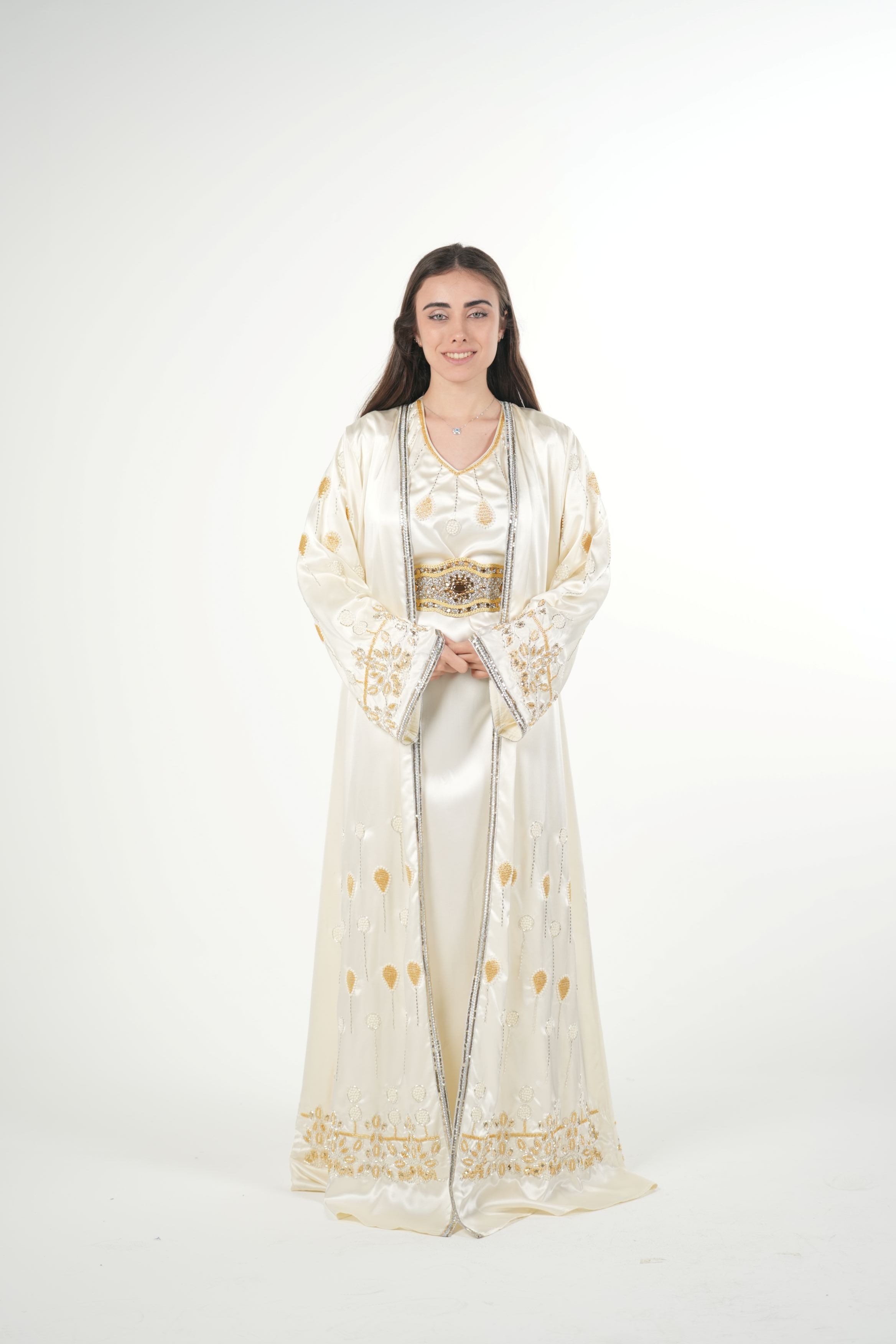 Luxury Satin Kaftan with Handwork Details and Belt