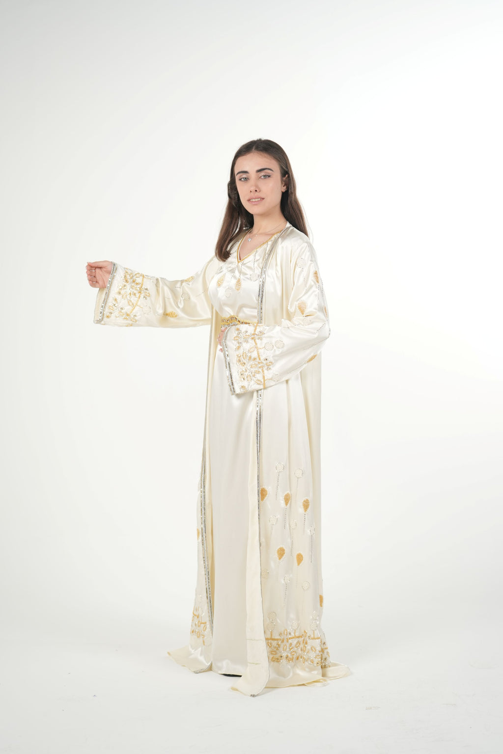 Luxury Satin Kaftan with Handwork Details and Belt
