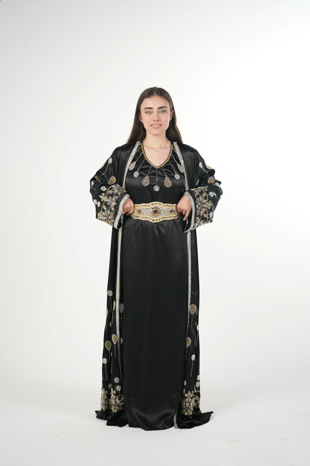 Luxury Satin Kaftan with Handwork Details and Belt