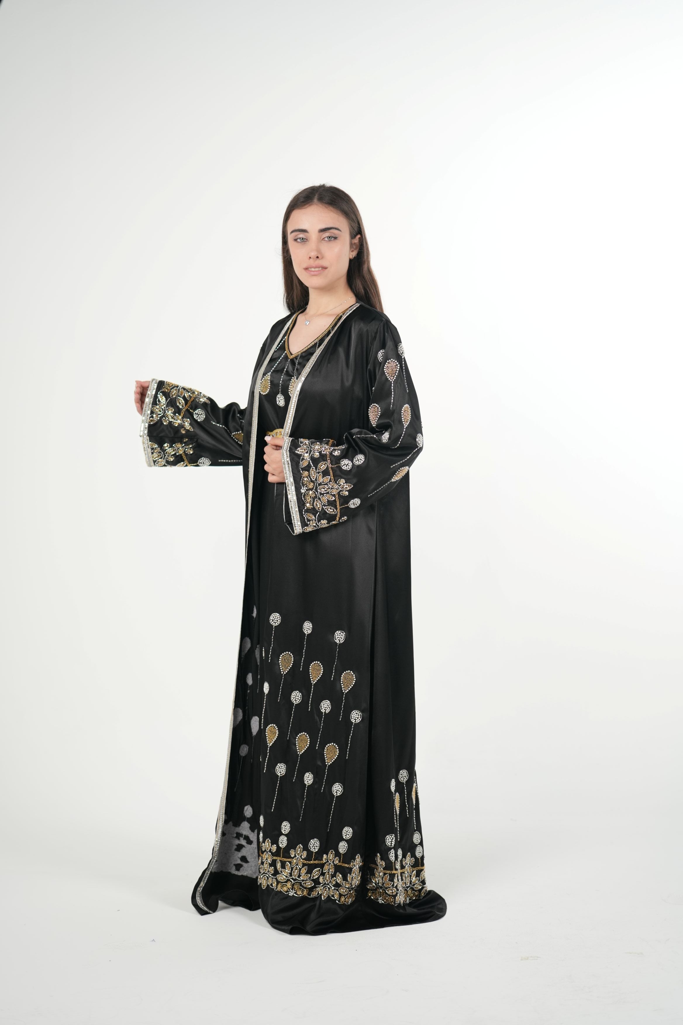Luxury Satin Kaftan with Handwork Details and Belt