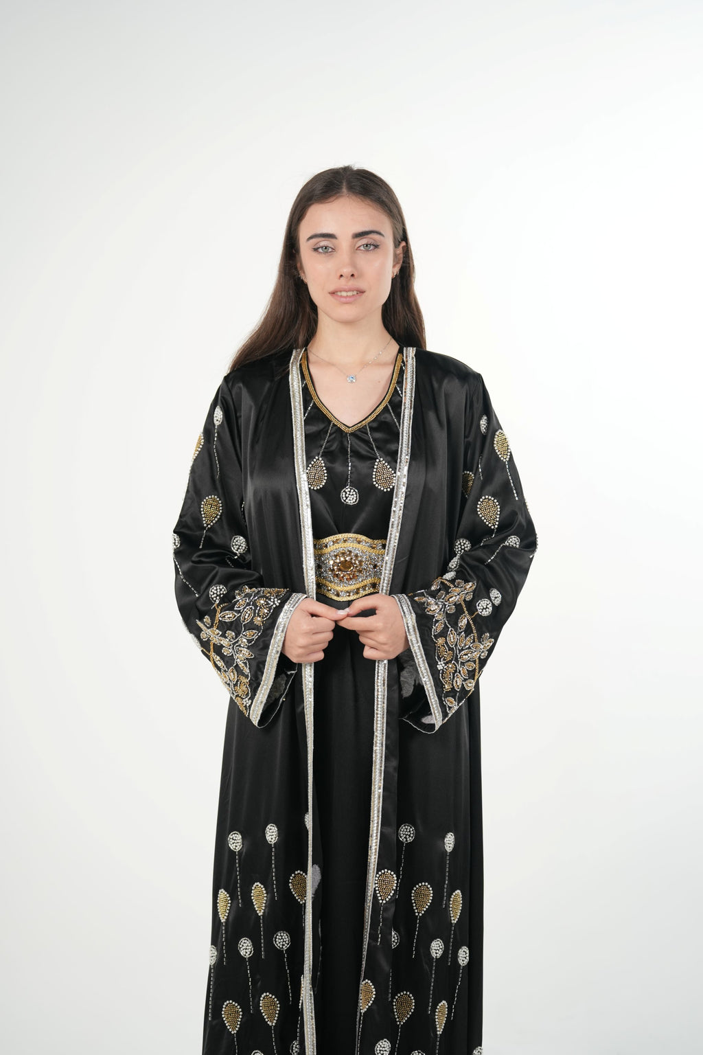 Luxury Satin Kaftan with Handwork Details and Belt