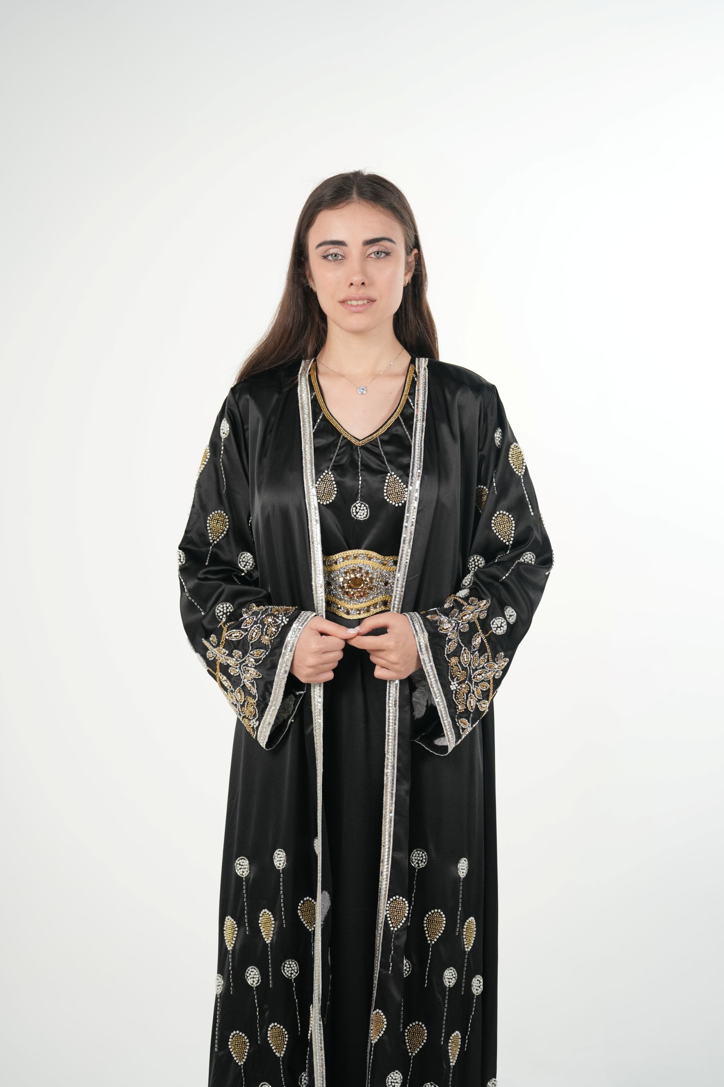 Luxury Satin Kaftan with Handwork Details and Belt