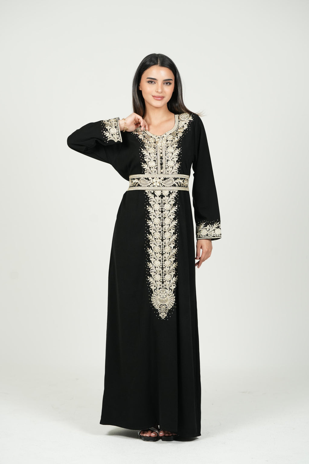 Black Palestinian Embroidered Jalabiya with Golden Belt