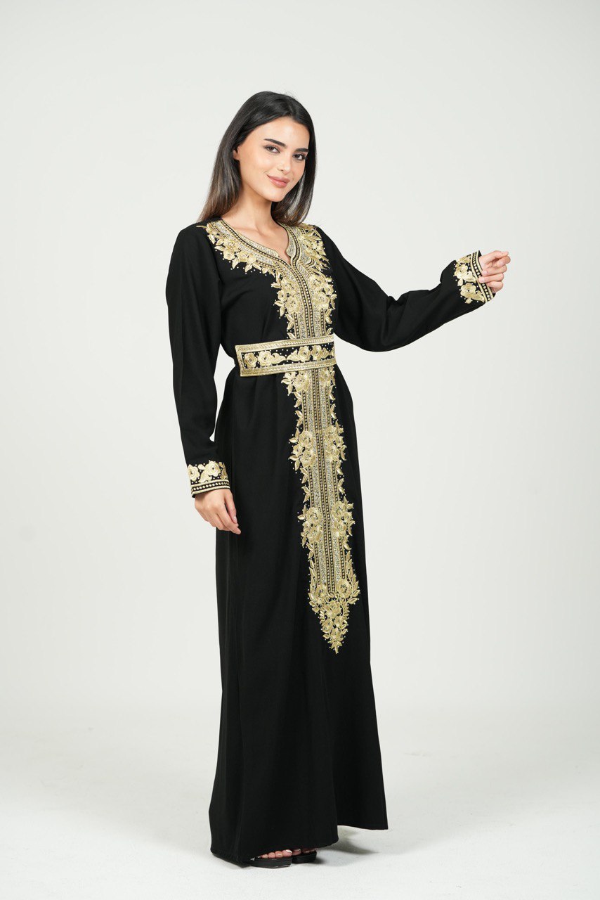 Black Palestinian Embroidered Jalabiya with Golden Belt