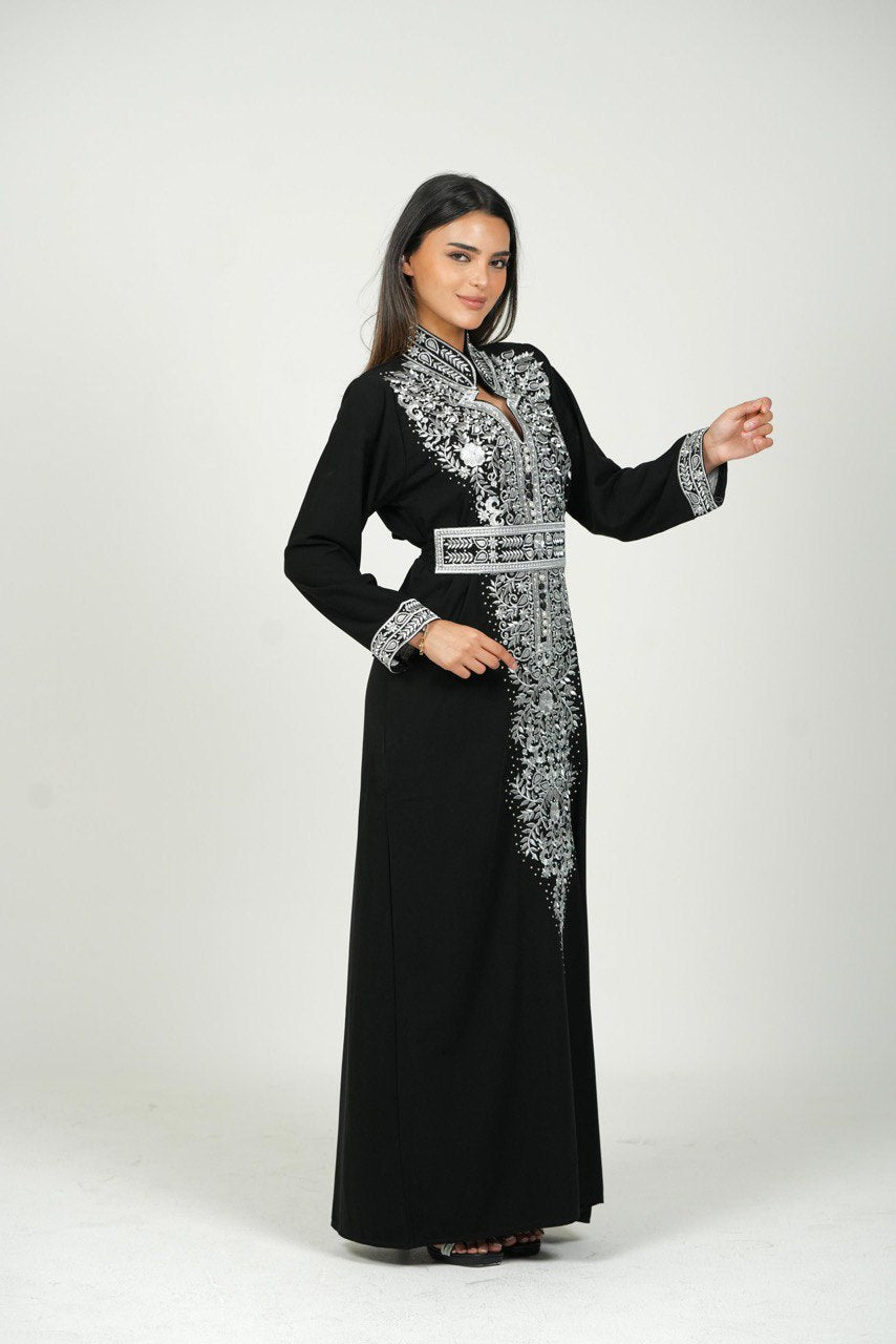 Palestinian Embroidered Jalabiya with Silver Details and Belt