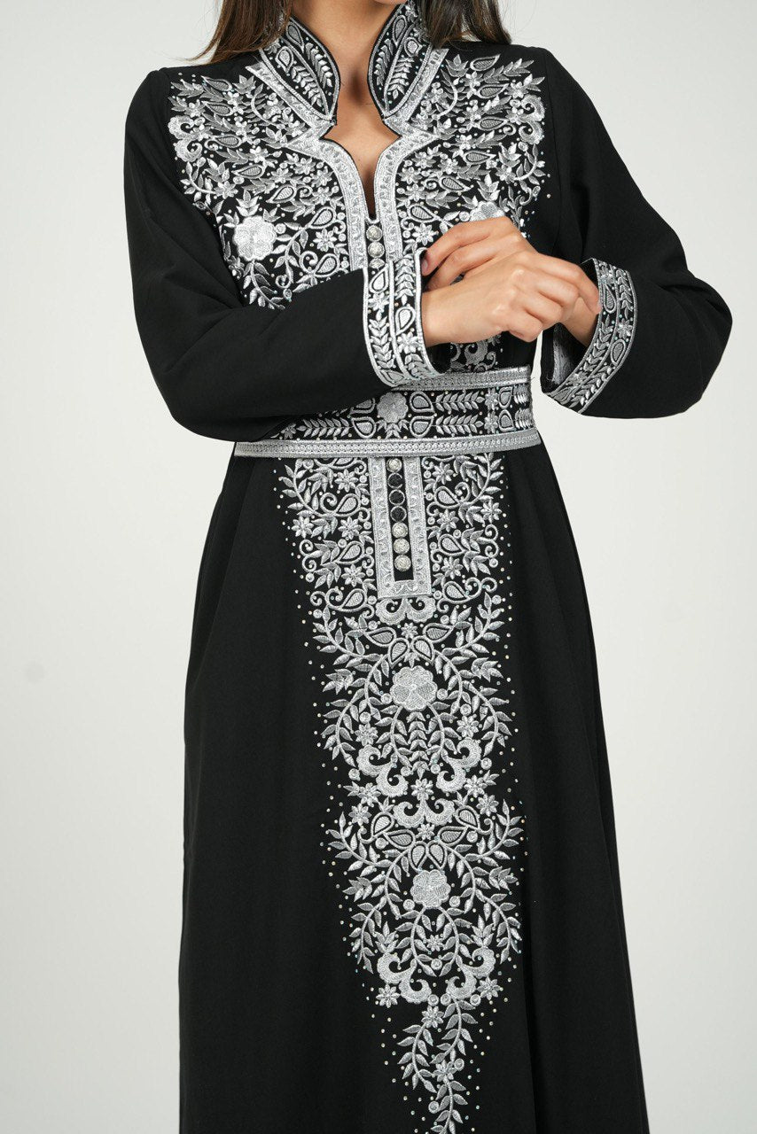 Palestinian Embroidered Jalabiya with Silver Details and Belt