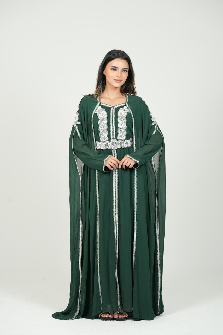 Embroidered Chiffon Kaftan with Sequin Details and Belt