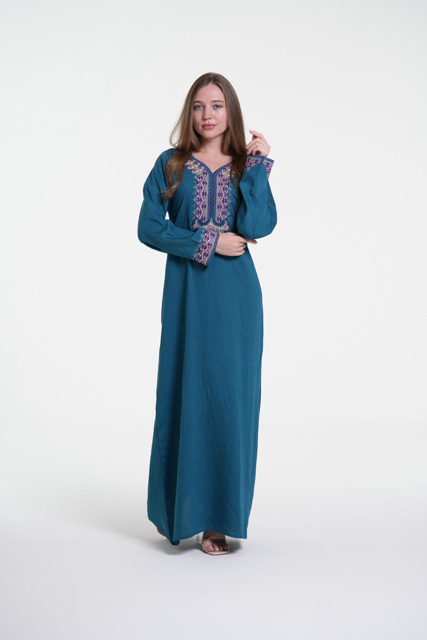 Embroidered Cotton Linen Jalabiya with Strass Detail