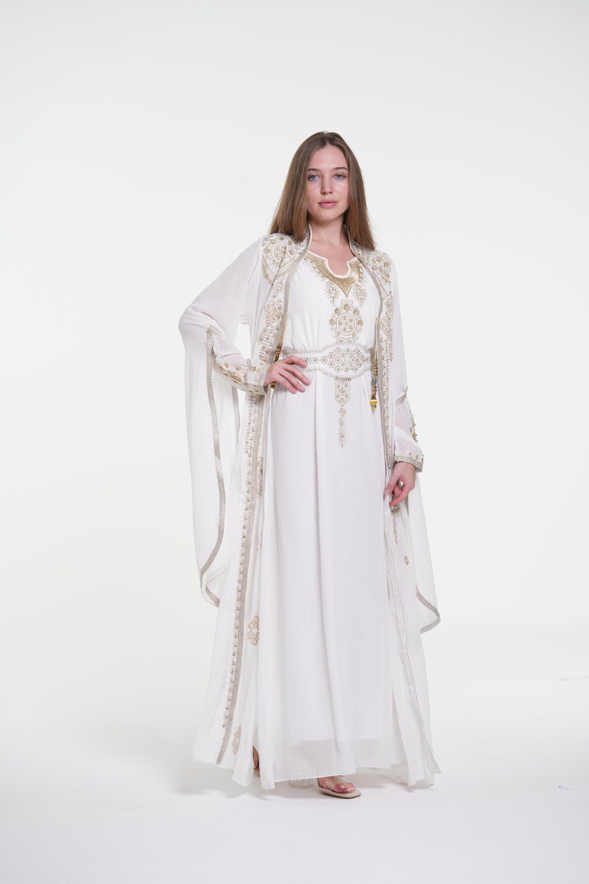 White Embroidered Chiffon Kaftan with Belt