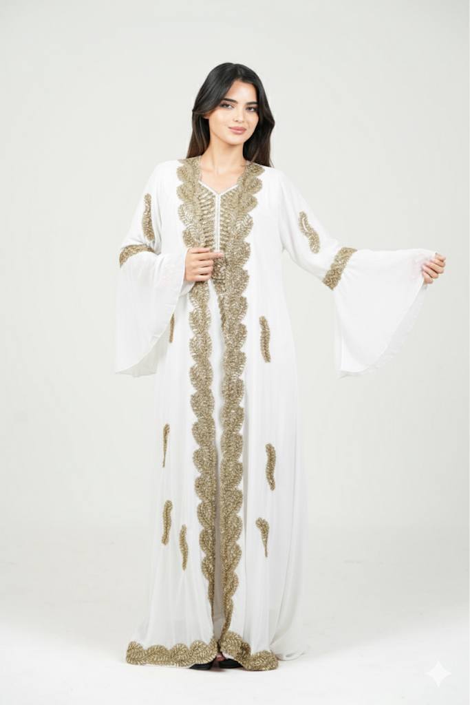 Embroidered White Caftan with Regal Details with belt