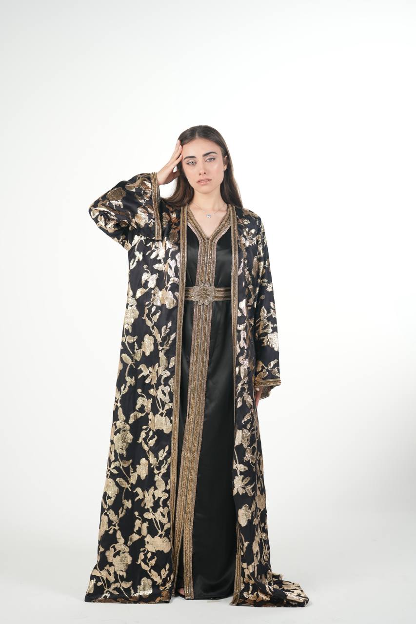 Elegant Satin Kaftan with Embellished Details and Belt