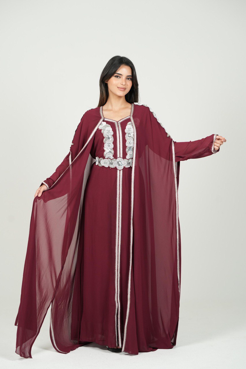 Embroidered Chiffon Kaftan with Sequin Details and Belt