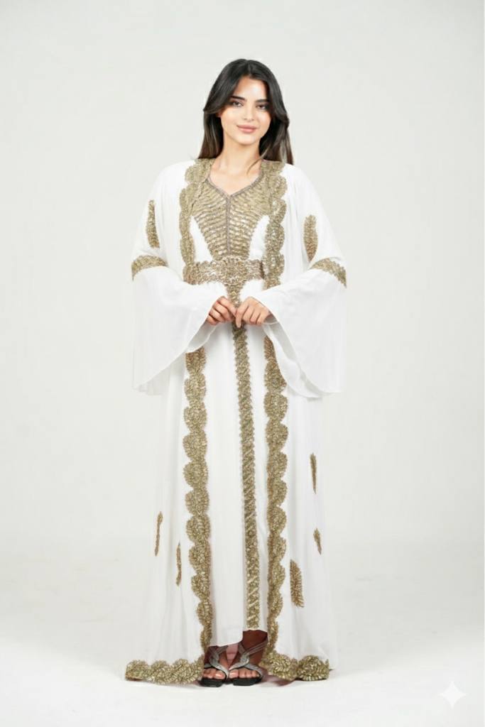 Embroidered White Caftan with Regal Details with belt