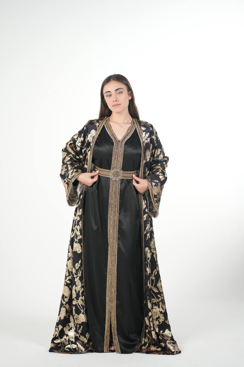Elegant Satin Kaftan with Embellished Details and Belt