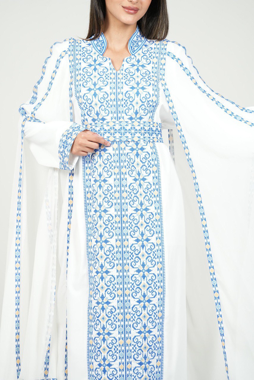 Palestinian Embroidered Chiffon Kaftan with Belt