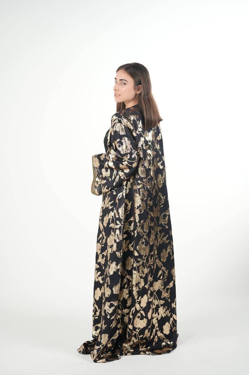 Elegant Satin Kaftan with Embellished Details and Belt