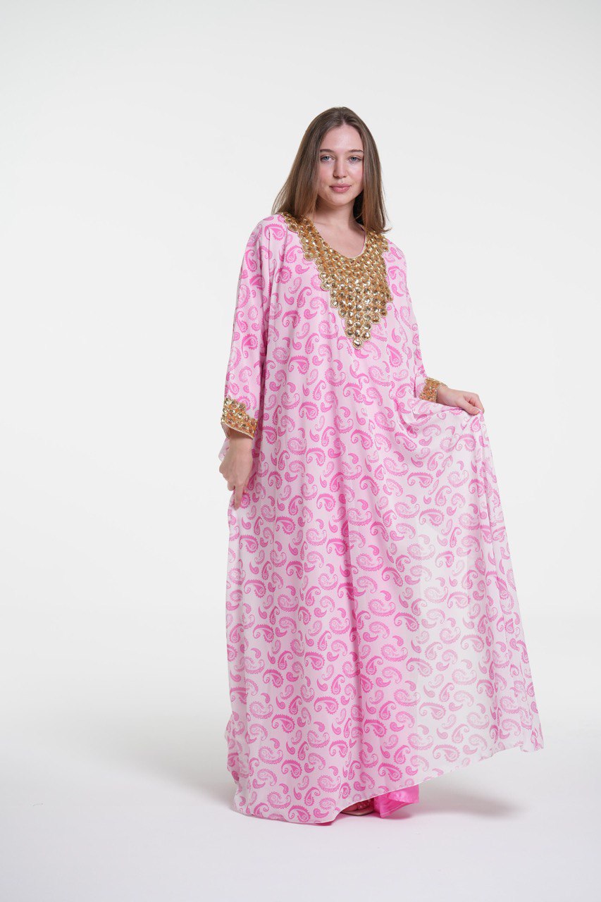 Printed Chiffon Jalabiya with Golden Embroidery