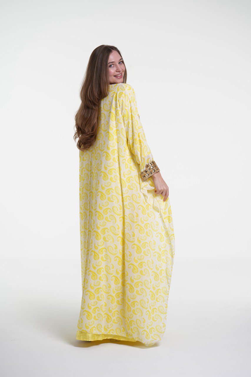 Printed Chiffon Jalabiya with Golden Embroidery
