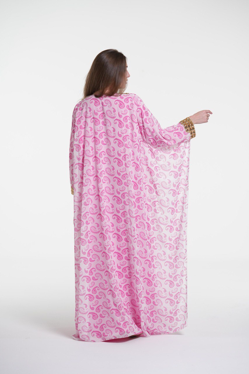Printed Chiffon Jalabiya with Golden Embroidery
