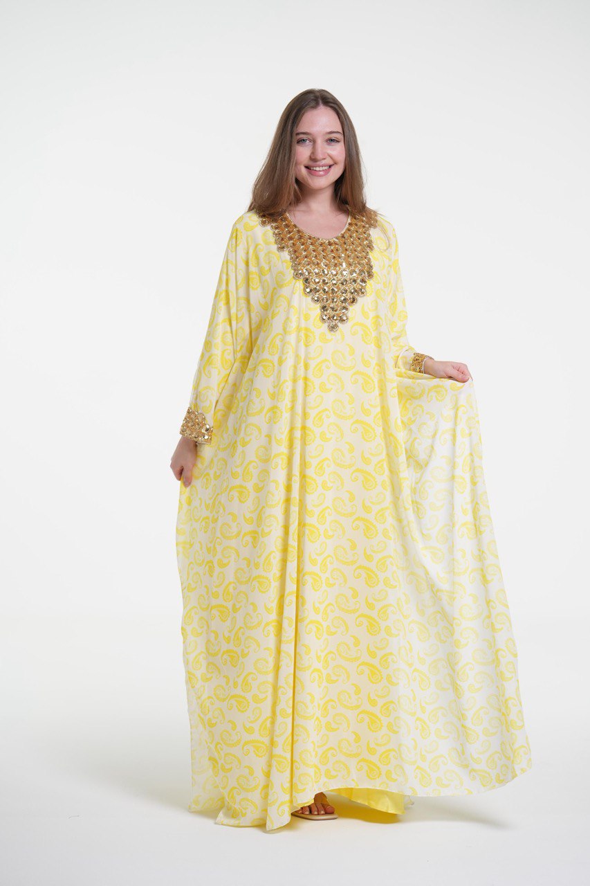 Printed Chiffon Jalabiya with Golden Embroidery