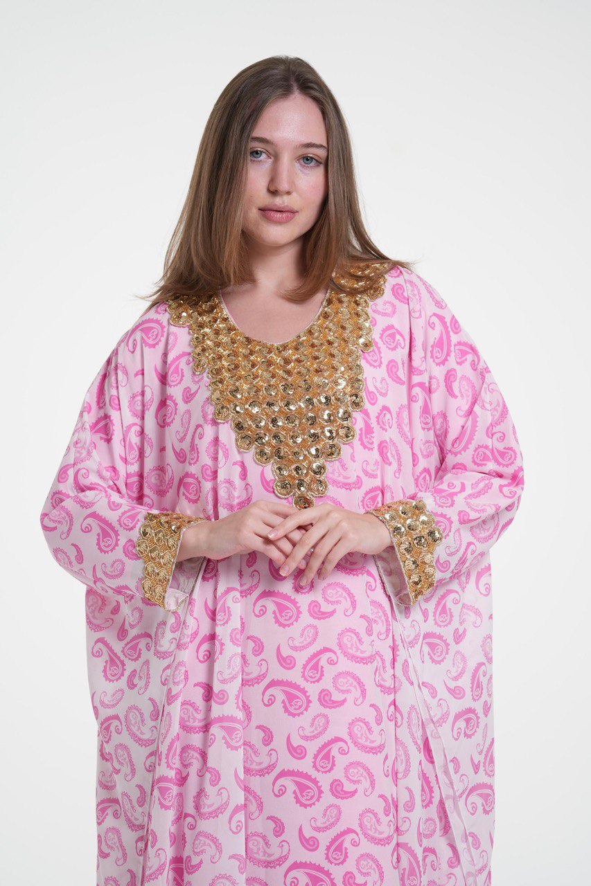 Printed Chiffon Jalabiya with Golden Embroidery
