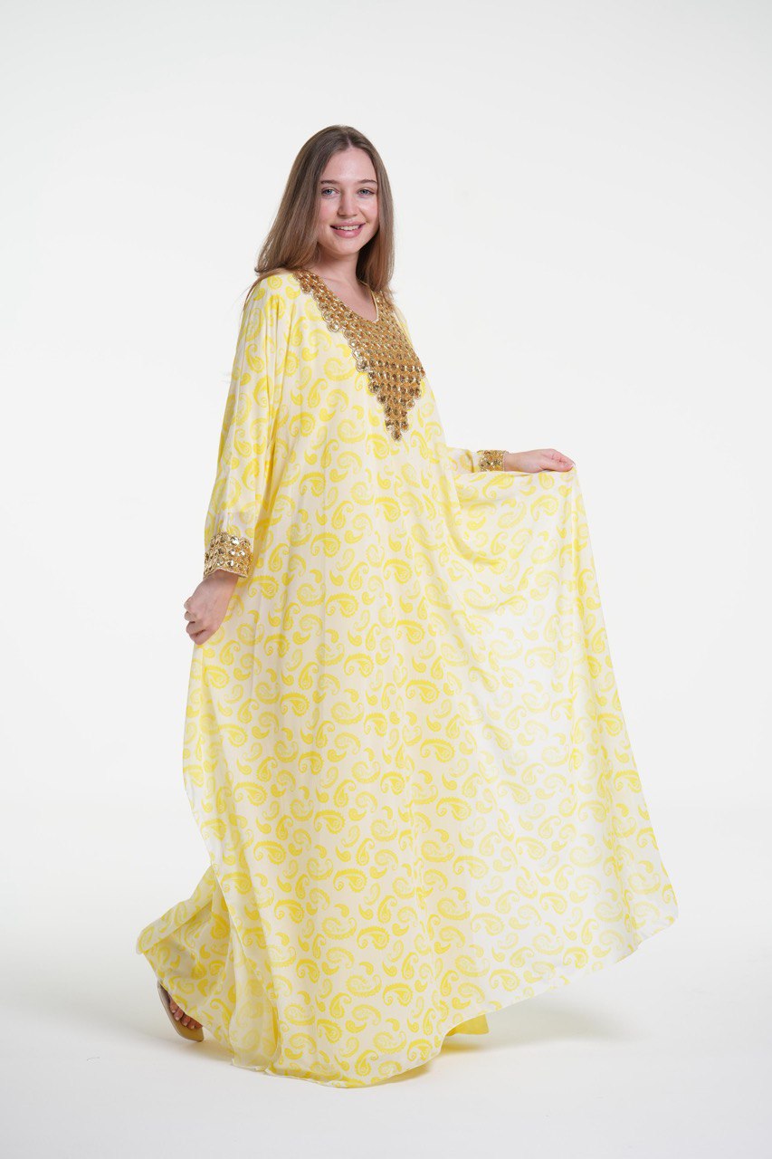 Printed Chiffon Jalabiya with Golden Embroidery