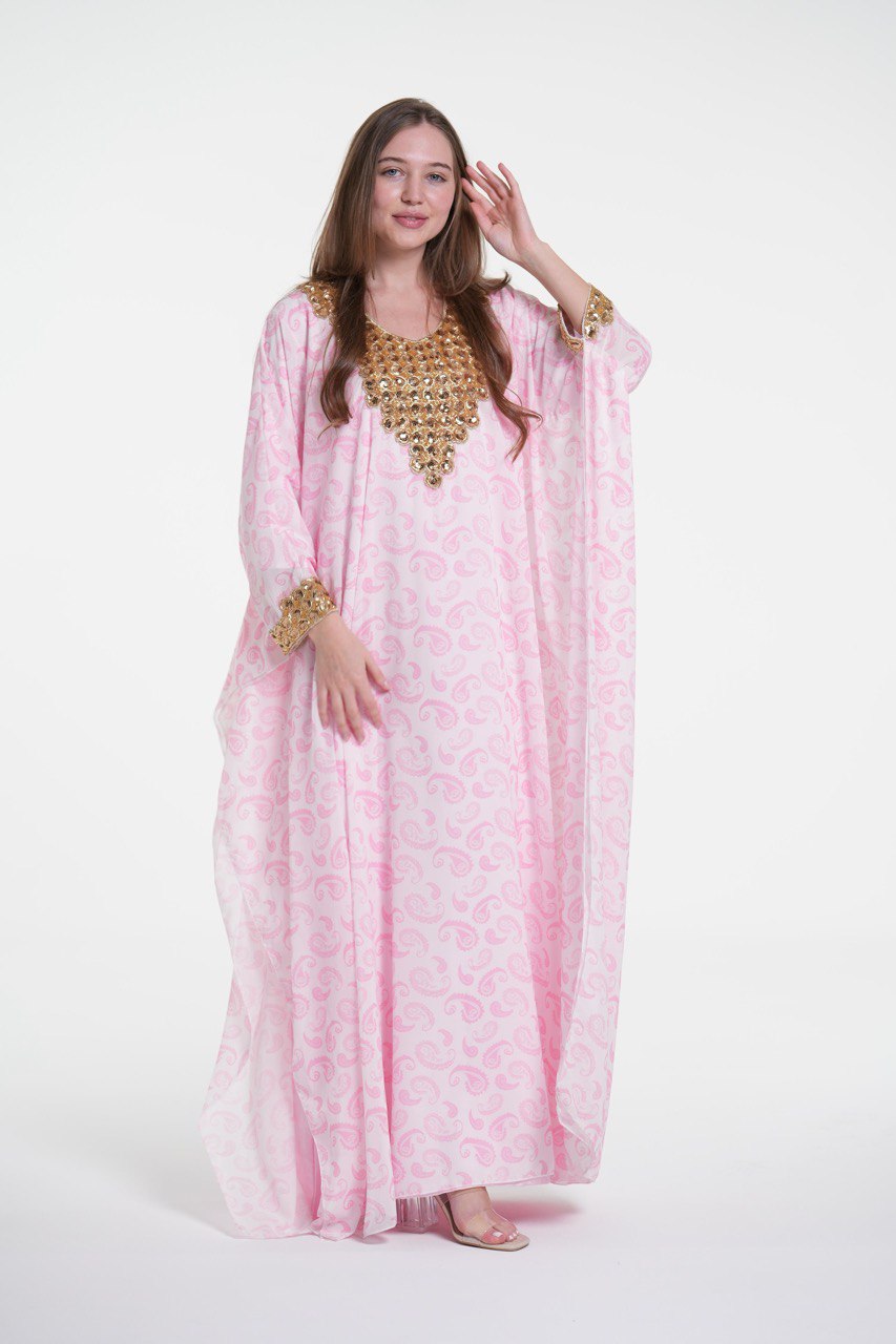 Printed Chiffon Jalabiya with Golden Embroidery