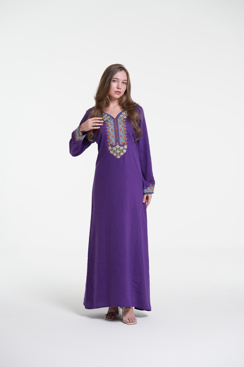 Embroidered Cotton Linen Jalabiya with Strass Detail