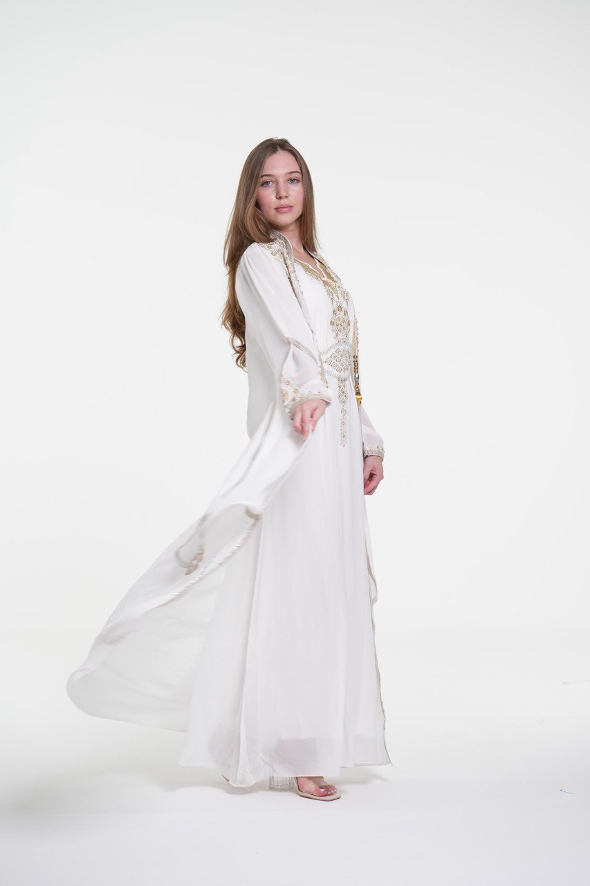 White Embroidered Chiffon Kaftan with Belt