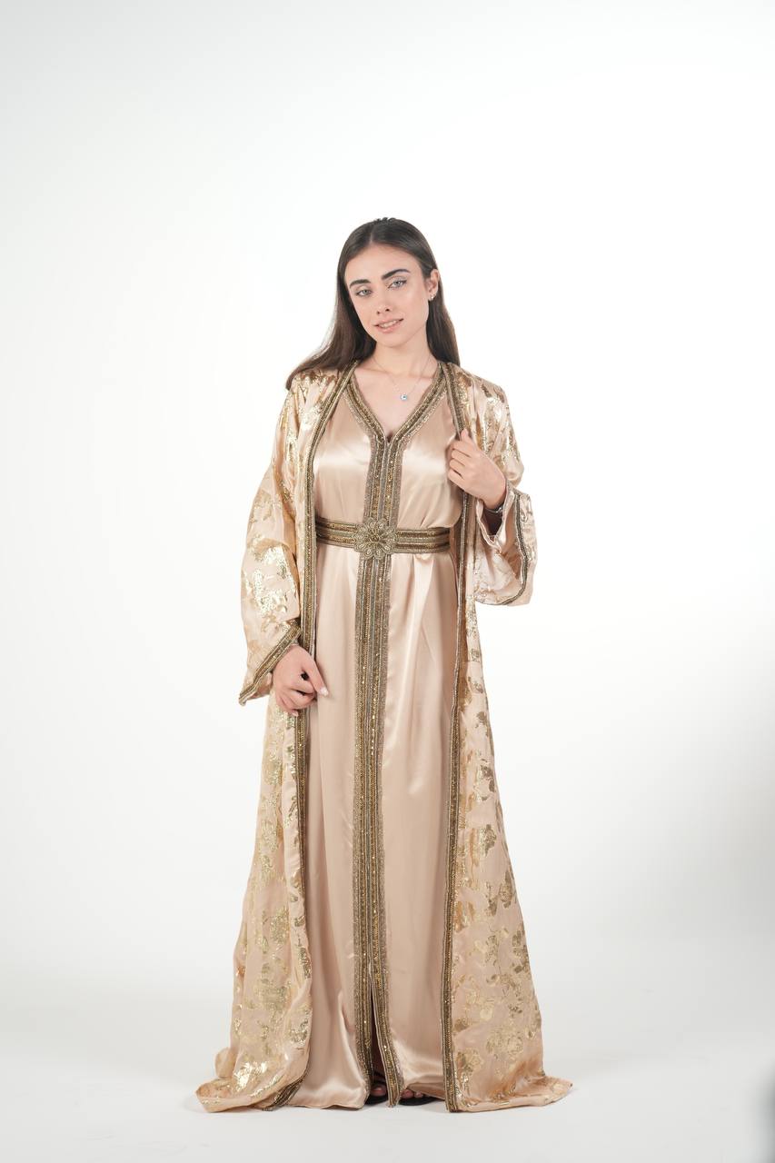Elegant Satin Kaftan with Embellished Details and Belt