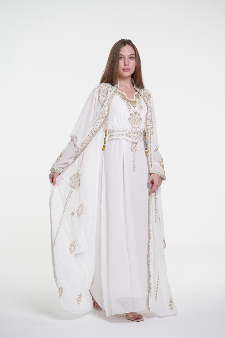 White Embroidered Chiffon Kaftan with Belt