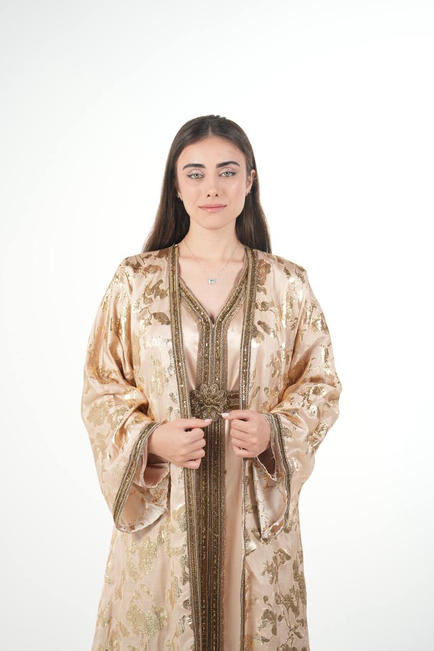 Elegant Satin Kaftan with Embellished Details and Belt