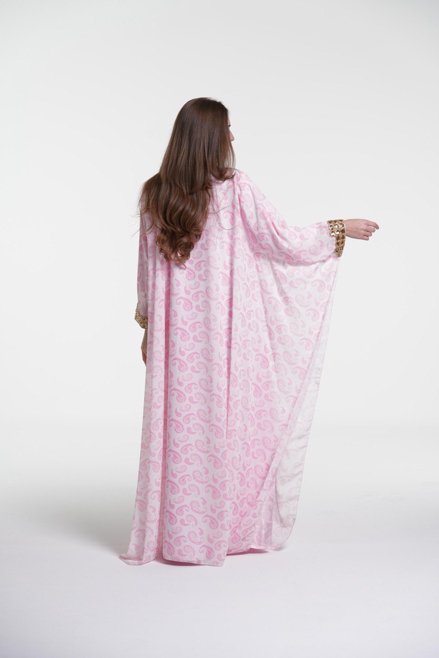 Printed Chiffon Jalabiya with Golden Embroidery