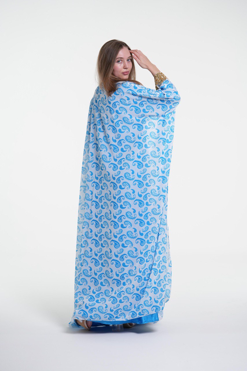 Printed Chiffon Jalabiya with Golden Embroidery