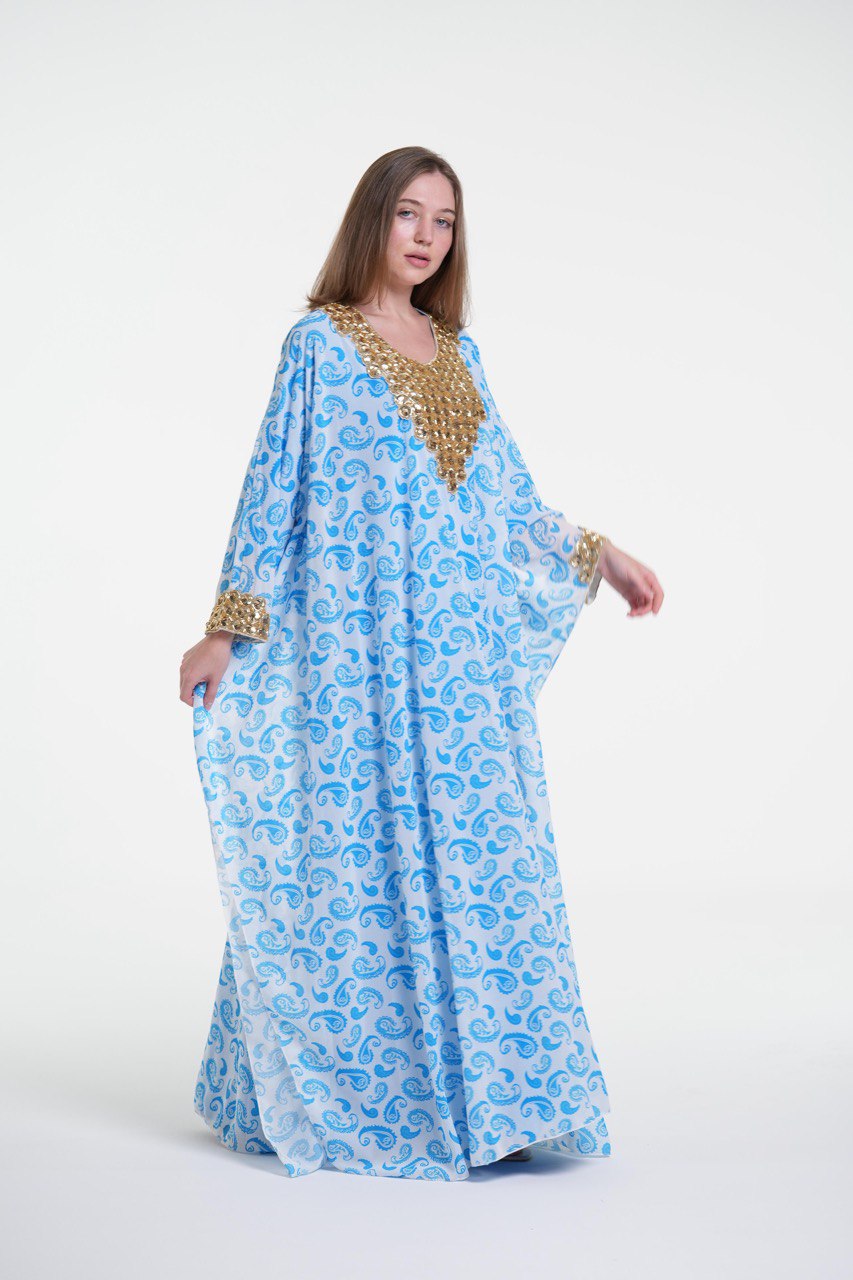 Printed Chiffon Jalabiya with Golden Embroidery